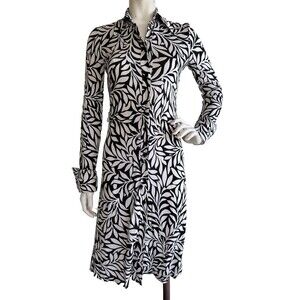 DIANE VON FURSTENBERG Vintage Silk Shirt Dress Black White Leaf Print Size 6